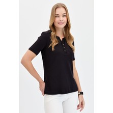 Desen Triko Kadın Omzu Ve Yaka Kenarı Işlemeli Pamuklu T-Shirt Siyah