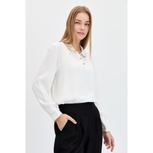 Desen Triko Kadın Polo Yaka Uzun Kollu Gömlek Ekru
