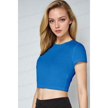 Teenage Millionaire Kadın Saks Mavisi Bisiklet Yaka Kısa Kollu Fitilli Kaşkorse Crop Bluz