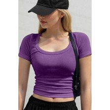 Teenage Millionaire Kadın Mor U Yaka Kısa Kollu Fitilli Kaşkorse Bluz Body