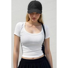 Teenage Millionaire Kadın Beyaz U Yaka Kısa Kollu Fitilli Kaşkorse Bluz Body