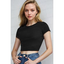 Teenage Millionaire Kadın Siyah Bisiklet Yaka Kısa Kollu Fitilli Kaşkorse Crop Bluz
