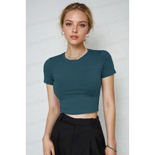 Teenage Millionaire Kadın Petrol Yeşili Bisiklet Yaka Likralı Kısa Kol Body Crop Bluz