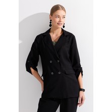 Desen Triko Kadın Kruvaze Model Düğmeli Keten Ceket Siyah