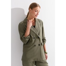 Desen Triko Kadın Kruvaze Model Düğmeli Keten Ceket Haki