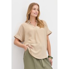 Desen Triko Kadın Yaka Kenarı Taşlı Maroken Gömlek Vizon