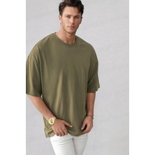 Teenage Millionaire Erkek Haki Yeşili Bisiklet Yaka Düz Basic Baskısız Oversize Salas T-Shirt