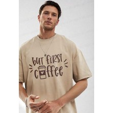Teenage Millionaire Erkek But First Coffee Camel Oversize Salas Boyfriend T-Shirt