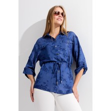 Desen Triko Kadın Beli Bağcıklı Yaprak Desenli Gömlek K.mavi