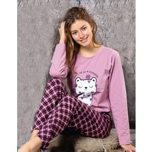 Lukitus Sıfır Yaka Uzun Kol Likralı Desenli Kadın Pijama Takımı Lukitus
