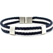 Solfera Lacivert Beyaz Örgü Halat Ip Üç Sıralı Erkek Bileklik M045B