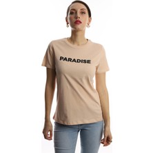 Polo State Kadın Bisiklet Yaka Paradise Baskılı Regular Fit Tişört Bej