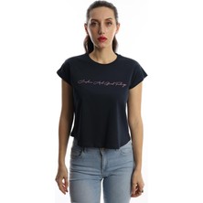 Polo State Kadın Bisiklet Yaka Baskılı Crop T-Shirt Lacivert