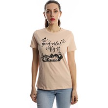 Polo State Kadın Good Vibes Only Yazı Baskılı T-Shirt Bej