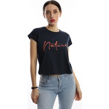 Polo State Kadın Nature Yazı Baskılı Crop T-Shirt Lacivert