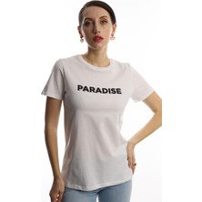 Polo State Kadın Bisiklet Yaka Paradise Baskılı Regular Fit Tişört Beyaz