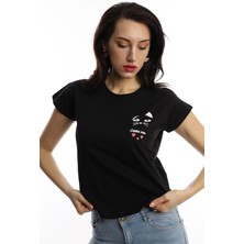 Polo State Kadın Bisiklet Yaka Game Over Kedi Baskılı Regular Fit Tişört Siyah