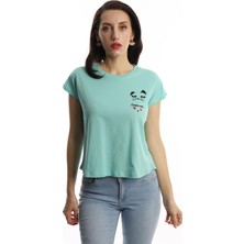 Polo State Kadın Bisiklet Yaka Game Over Kedi Baskılı Regular Fit Tişört Turkuaz