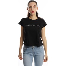Polo State Kadın Bisiklet Yaka Baskılı Crop T-Shirt Siyah