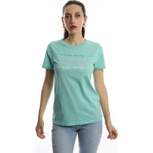 Polo State Kadın Hello Lovely Yazı Baskılı T-Shirt Turkuaz
