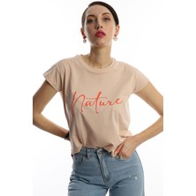 Polo State Kadın Nature Yazı Baskılı Crop T-Shirt Bej
