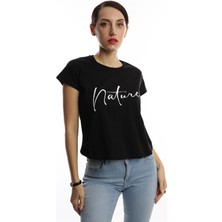 Polo State Kadın Nature Yazı Baskılı Crop T-Shirt Siyah