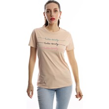 Polo State Kadın Hello Lovely Yazı Baskılı T-Shirt Bej