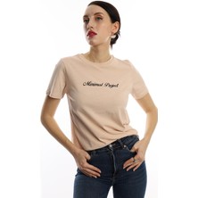 Polo State Kadın Bisiklet Yaka Minimal Project Baskılı Regular Fit Tişört Bej