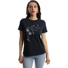 Polo State Kadin Bisiklet Yaka Baskılı Basic T-Shirt Lacivert