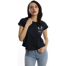 Polo State Kadın Game Over Kedi Baskılı T-Shirt Lacivert