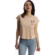 Polo State Kadın Bisiklet Yaka Game Over Kedi Baskılı Regular Fit Tişört Bej