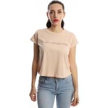Polo State Kadın Bisiklet Yaka Baskılı Crop T-Shirt Bej