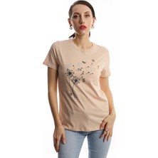 Polo State Kadin Bisiklet Yaka Baskılı Basic T-Shirt Bej