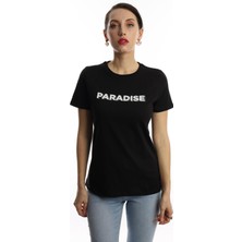 Polo State Kadın Bisiklet Yaka Paradise Baskılı Regular Fit Tişört Siyah