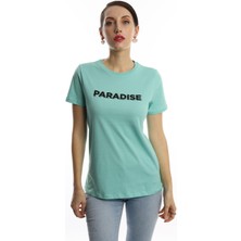 Polo State Kadın Bisiklet Yaka Paradise Baskılı Regular Fit Tişört Turkuaz