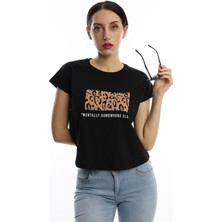 Polo State Kadın Pars Desen Baskılı Crop T-Shirt Siyah