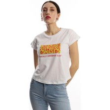 Polo State Kadın Pars Desen Baskılı Crop T-Shirt Beyaz