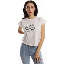 Polo State Kadın Paris Yazı Baskılı Crop T-Shirt Beyaz