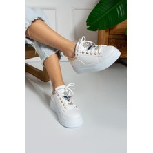 Shoetek Maryse Kadın Sneakers  Bağcıklı Taşlı Spor Ayakkabı Beyaz/roz Deri