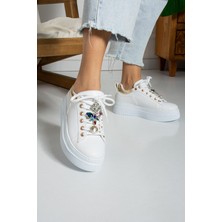 Shoetek Maryse Kadın Sneakers  Bağcıklı Taşlı Spor Ayakkabı Beyaz/roz Deri