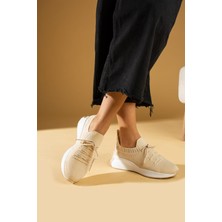 Shoetek Faina Kadın Sneakers Triko Dokumalı Bağcıklı Spor Ayakkabı Bej
