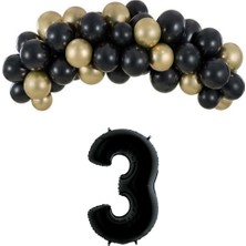 Organizasyon Pazarı Mini Zincir Balon Seti Siyah-Krom gold+3 34inç Siyah Folyo 30 Adet +Balon Şeridi