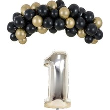 Organizasyon Pazarı Mini Zincir Balon Seti Siyah-Krom gold+1 34inç Gümüş Folyo 30 Adet +Balon Şeridi