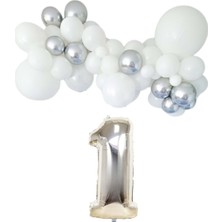 Organizasyon Pazarı Mini Zincir Balon Seti Beyaz-Krom Gümüş+1 34inç Gümüş Folyo 30 Adet +Balon Şeridi