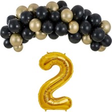 Organizasyon Pazarı Mini Zincir Balon Seti Siyah-Krom gold+2 34inç Gold Folyo 30 Adet +Balon Şeridi