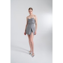 Holly Lolly Yırtmaçlı Asimetrik Bel Simli Çizgili Eden Mini Etek Gri