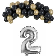 Organizasyon Pazarı Mini Zincir Balon Seti Siyah-Krom gold+2 34inç Gümüş Folyo 30 Adet +Balon Şeridi