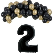 Organizasyon Pazarı Mini Zincir Balon Seti Siyah-Krom gold+2 34inç Siyah Folyo 30 Adet +Balon Şeridi