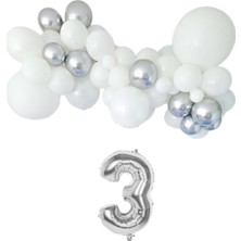 Organizasyon Pazarı Mini Zincir Balon Seti Beyaz-Krom Gümüş+3 34inç Gümüş Folyo 30 Adet +Balon Şeridi
