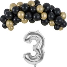 Organizasyon Pazarı Mini Zincir Balon Seti Siyah-Krom gold+3 34inç Gümüş Folyo 30 Adet +Balon Şeridi